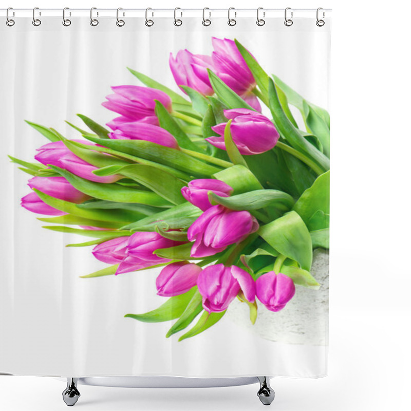 Personality  Pink Tulips On White Background Shower Curtains