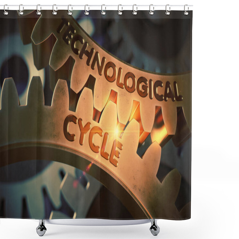 Personality  Technological Cycle On Golden Cog Gears. 3D Illustration. Shower Curtains