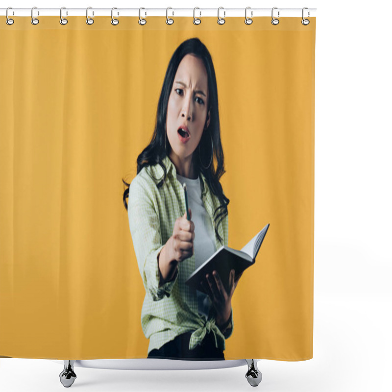 Personality  Angry Asian Woman With Notebook And Pen, Isolated On Yellow  Shower Curtains