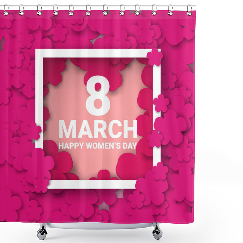 Personality  8 March. Pink Floral Greeting Card. International Happy Women's Day. Trendy Design Template. Vector Shower Curtains