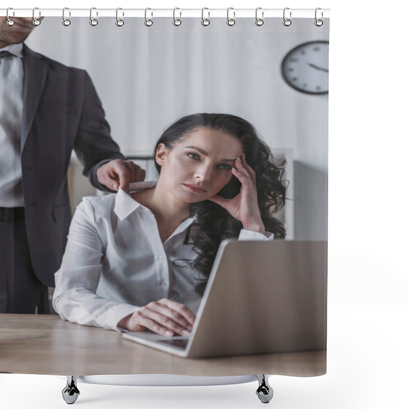 Personality  Cropped View Of Businessman Touching Blouse Of Bored Secretary Sitting At Workplace Shower Curtains