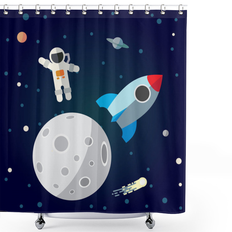 Personality   The Astronaut And Rocket On The Moon Background. Flat Space Theme Illustration. Shower Curtains