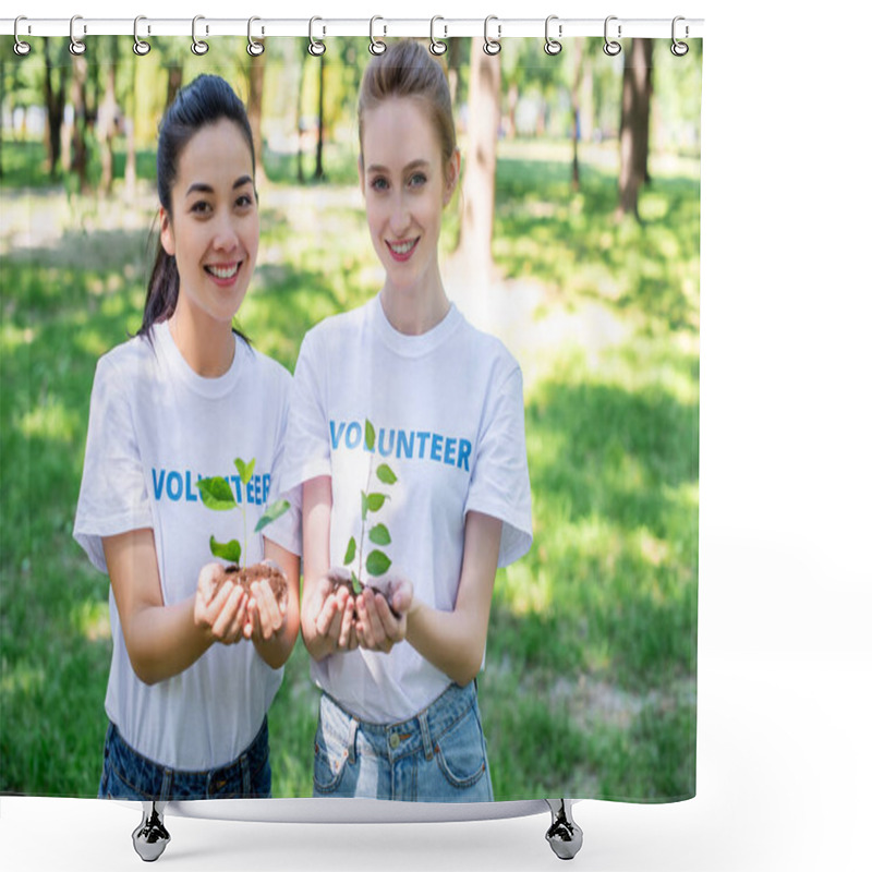 Personality  Beautiful Volunteers Holding Soil With Sprouts In Hands Shower Curtains