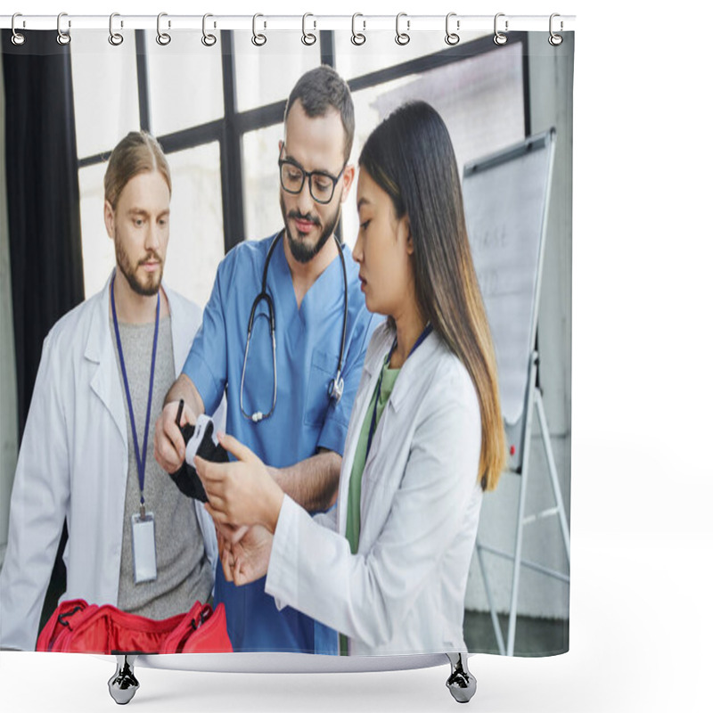 Personality  First Aid Training Seminar, Medical Instructor In Eyeglasses And Uniform Showing Compressive Tourniquet To Interracial Students In White Coats, Life-saving Skills And Bleeding Prevention Concept Shower Curtains