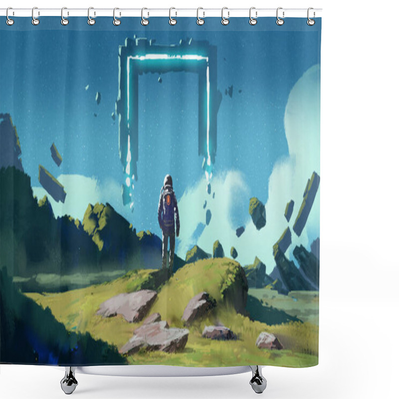 Personality  Astronaut Explores Planetary Space And Looking At Strange Building Floating In The Sky, Digital Art Style, Illustration Painting Shower Curtains