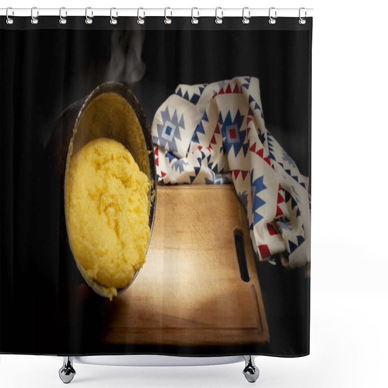 Personality  Romanian Traditional Mamaliga On A Wooden Chopping Board Next To A Eastern Motifs Table Cloth,  Shower Curtains