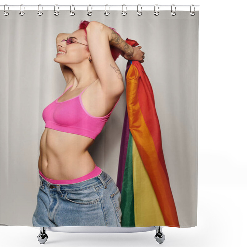 Personality  Young And Jolly Female Activist With Pink Hair And Sunglasses Posing With Lgbt Rainbow Flag On Grey Shower Curtains