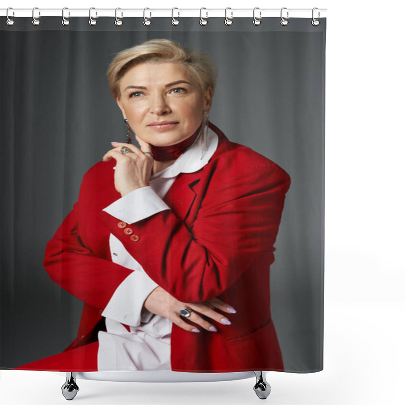 Personality  An Adult Woman In A Sophisticated Red Suit Strikes A Confident Pose, Showcasing Elegance And Style. Shower Curtains