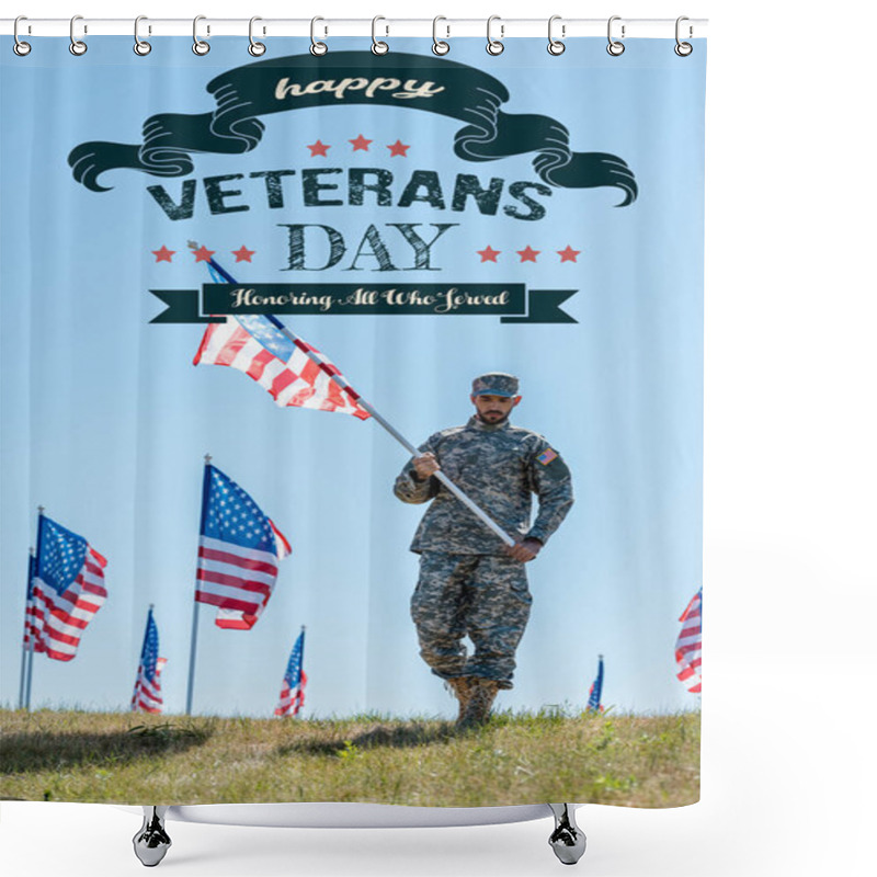 Personality  Handsome Soldier In Military Uniform And Cap Holding American Flag With Happy Veterans Day, Honoring All Who Served Illustration Shower Curtains