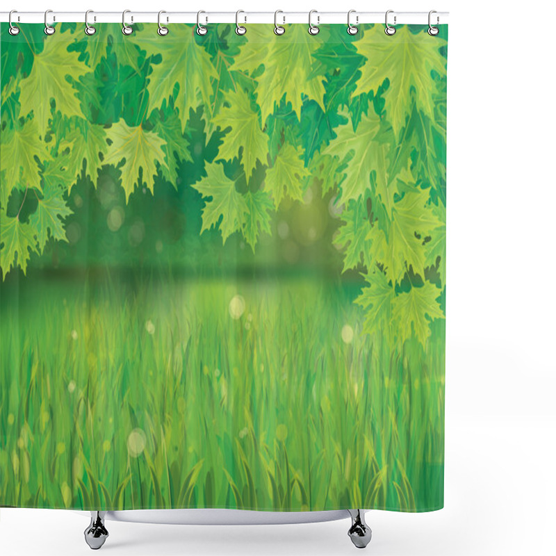 Personality  Vector Of Spring Background With Green Grass And Branches Of Maple's Tree. Shower Curtains