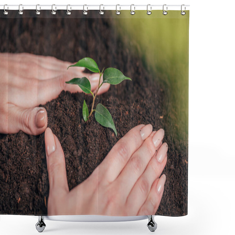 Personality  Selective Focus Of Woman Planting Young Green Plant On Blurred Background, Earth Day Concept Shower Curtains