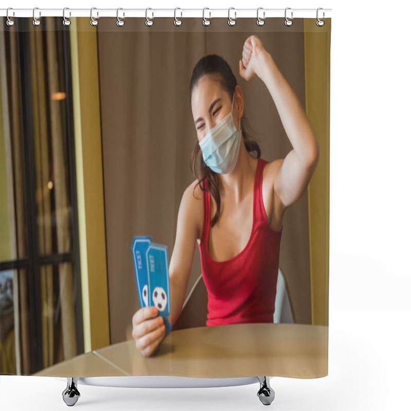 Personality  Cheerful Woman In Medical Mask Holding Sport Match Tickets  Shower Curtains