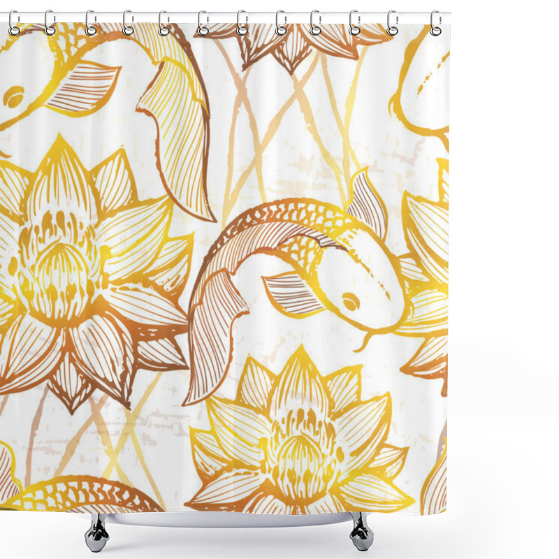 Personality  Ink Hand Drawn Golden Koi Seamless Pattern Shower Curtains