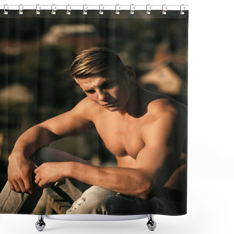 Personality  Man Face Handsome. Man Sportsman With Muscular Torso Sit On Natural Landscape Shower Curtains