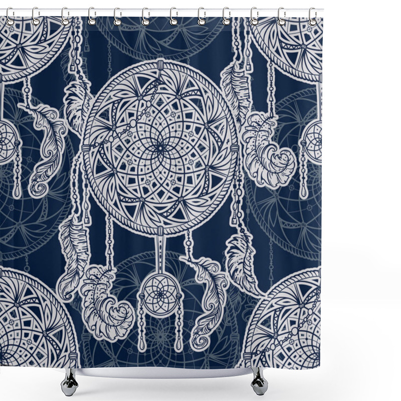 Personality  Seamless Pattern With Dreamcatcher And Feathers. Hand Drawn Vector Illustration In Boho Style. Shower Curtains