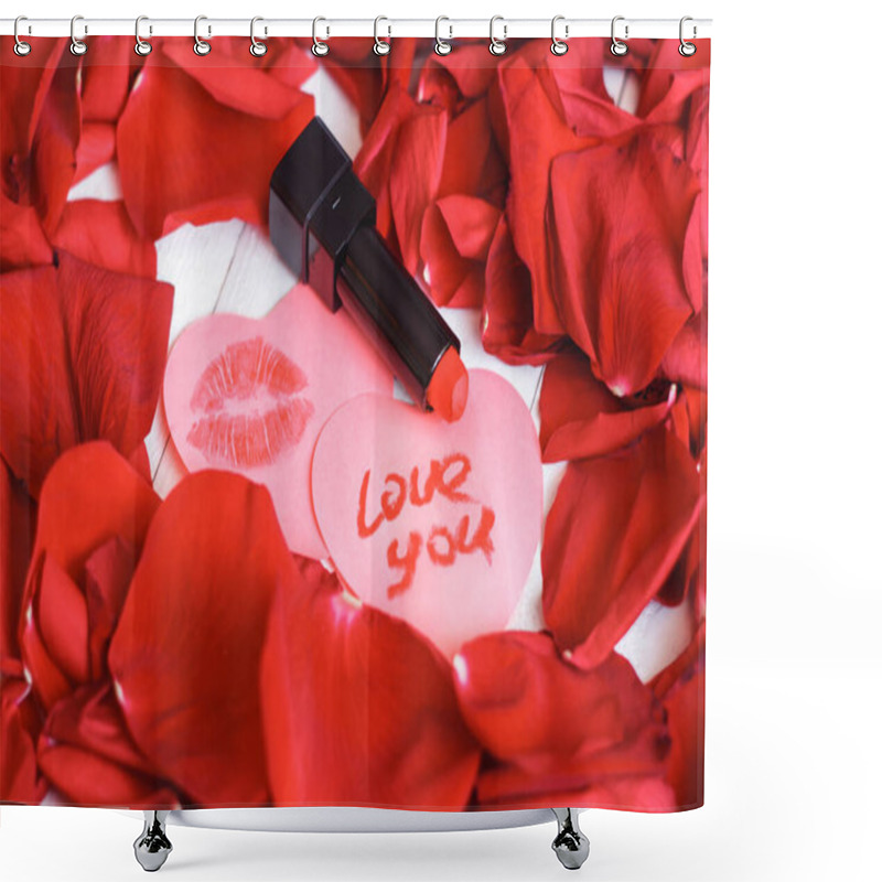 Personality  Close-up Shot Of Heart Shaped Papers With Rose Petals An Love You Lettering For Valentines Day Background Shower Curtains