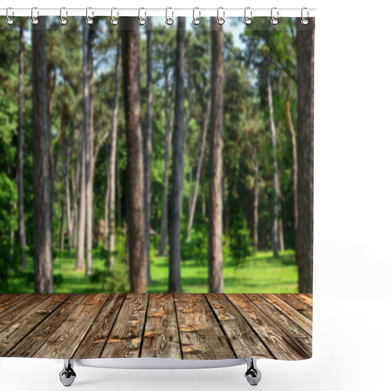 Personality  Green Forest And Wooden Planks Floor Background Shower Curtains