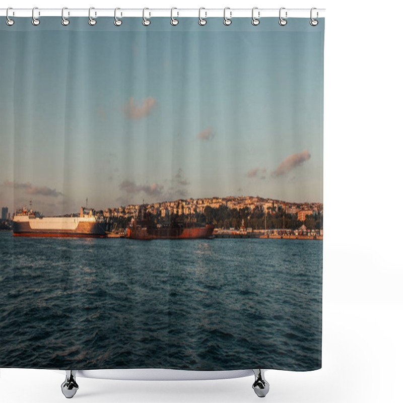 Personality  Ships Near Seafront And Istanbul City During Sunset, Turkey  Shower Curtains