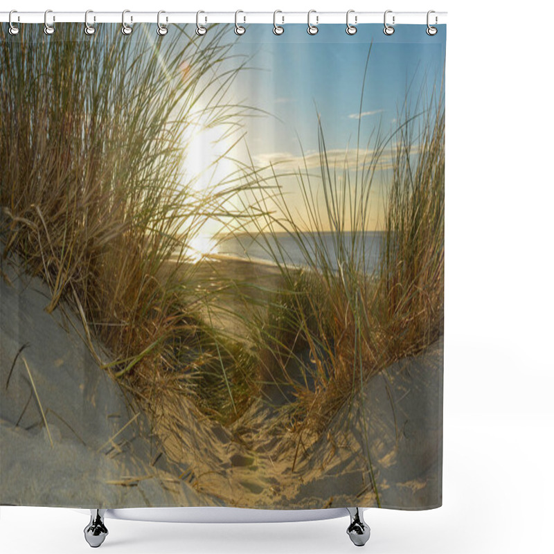 Personality  View Through Beach Grass On A Sand Dune To The Sea At Sunset, On The North Sea Coast In The Netherlands Shower Curtains