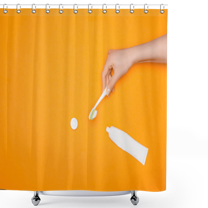 Personality  Cropped View Of Woman Holding Toothbrush And Tube Of Toothpaste, Isolated On Orange Shower Curtains