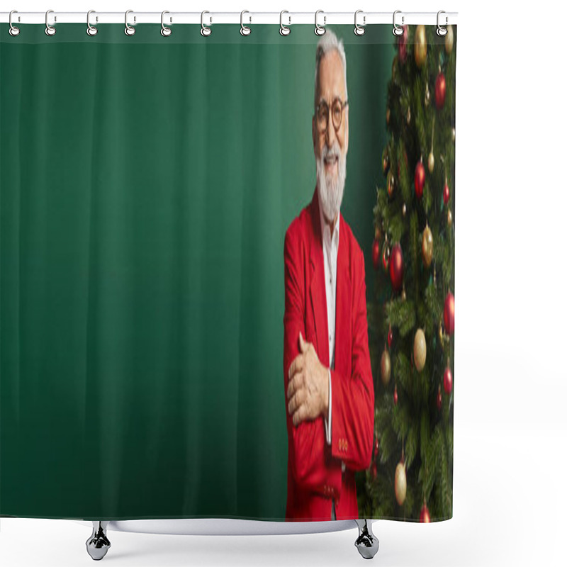 Personality  Joyful Santa In Glasses Posing With Crossed Hands Near Fir Tree On Green Backdrop, Winter, Banner Shower Curtains