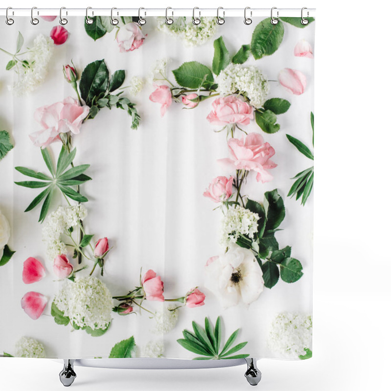 Personality  Flat Lay Frame With Pink And White Roses Shower Curtains