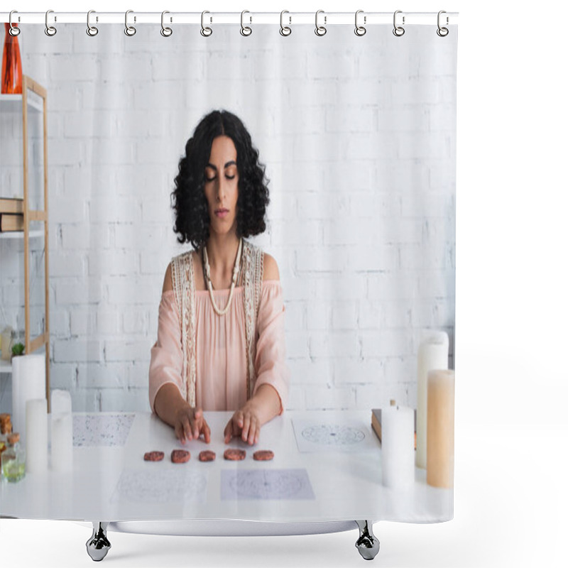 Personality  Young Astrologer With Closed Eyes Sitting Near Clay Runes And Natal Charts During Spiritual Session Shower Curtains