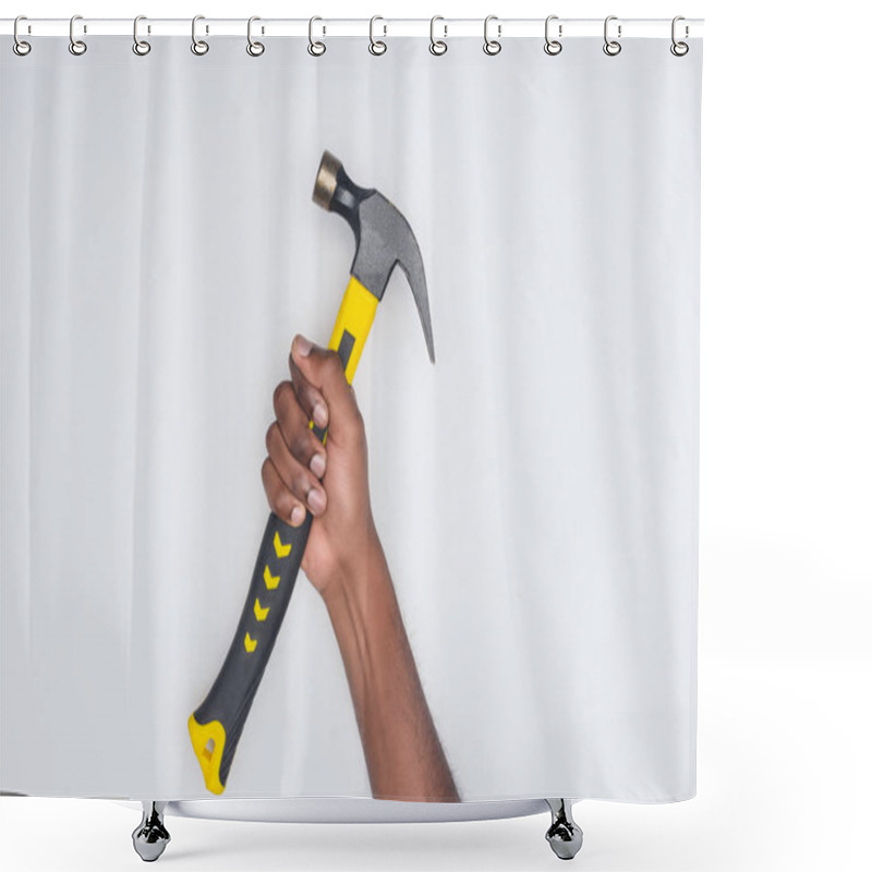 Personality  Cropped Shot Of African American Man Holding Hammer Isolated On White Shower Curtains