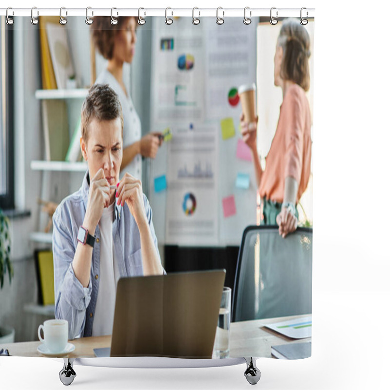 Personality  A Businesswoman Engrossed In Work On A Laptop Computer, With Her Diverse Colleagues On Backdrop. Shower Curtains