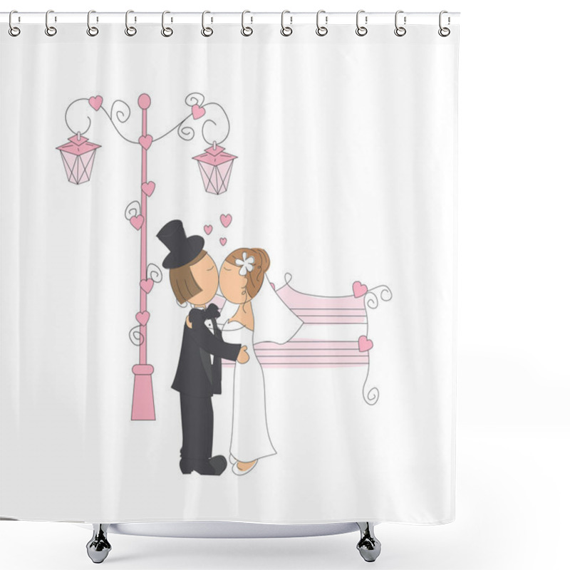 Personality  Wedding Invitation With Funny Bride And Groom Of A Park Shower Curtains