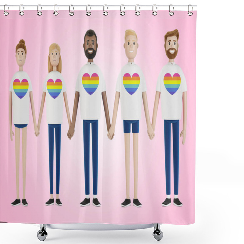 Personality  Happy People Of Different Nationalities Holding Hands. LGBT Community. A Group Of Gay, Lesbian, Bisexual And Transgender Activists. 3D Illustration In Cartoon Style. Shower Curtains