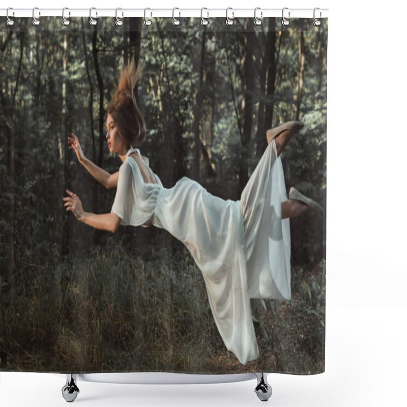 Personality  Elegant Young Tender Woman In White Dress Flying In Forest Shower Curtains