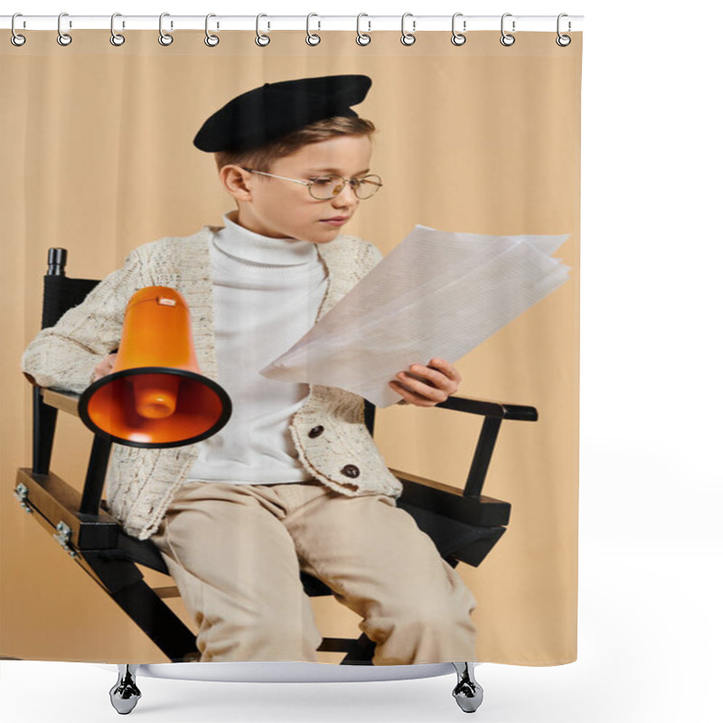 Personality  Preadolescent Boy Dressed As Film Director Holding A Piece Of Paper While Sitting In A Chair. Shower Curtains