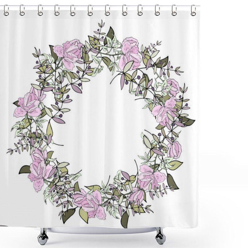 Personality  Simple Round Illustration Pink Roses With Green Leaves On White Background Shower Curtains