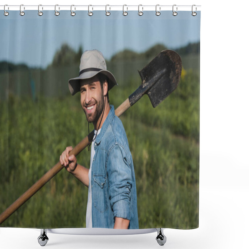 Personality  Farmer In Brim Hat Smiling At Camera While Holding Shovel  Shower Curtains