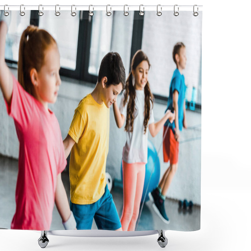 Personality  Preteen Children Jumping With Skipping Ropes In Gym Shower Curtains