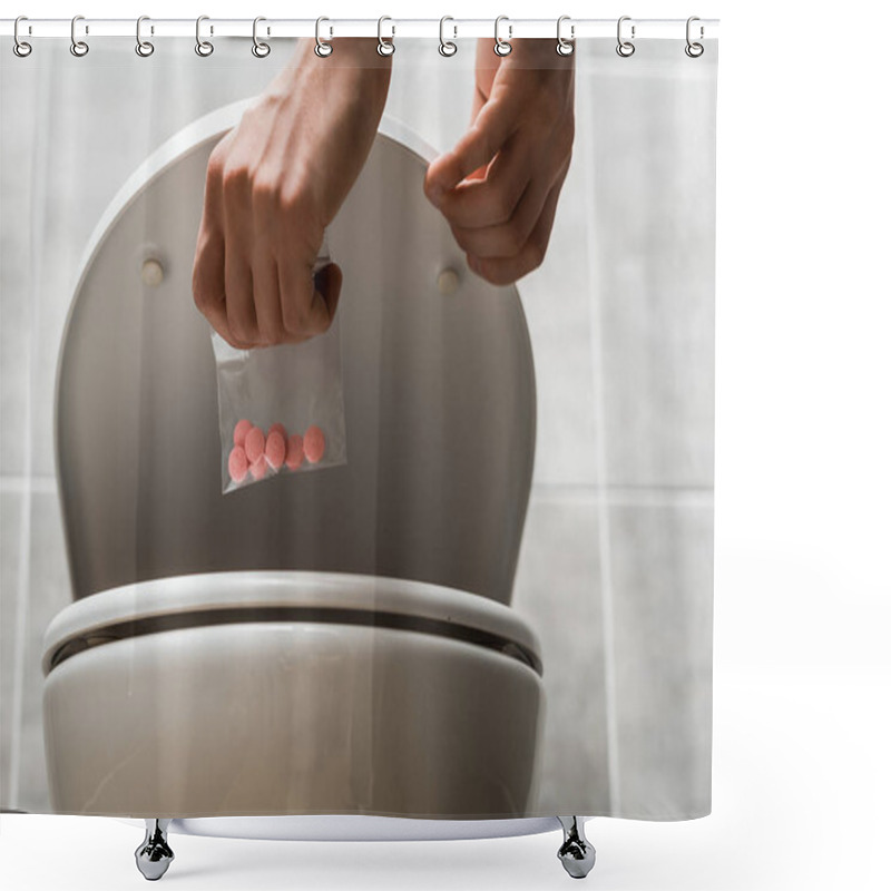 Personality  Cropped View Of Man Throwing Away Lsd In Toilet Bowl Shower Curtains