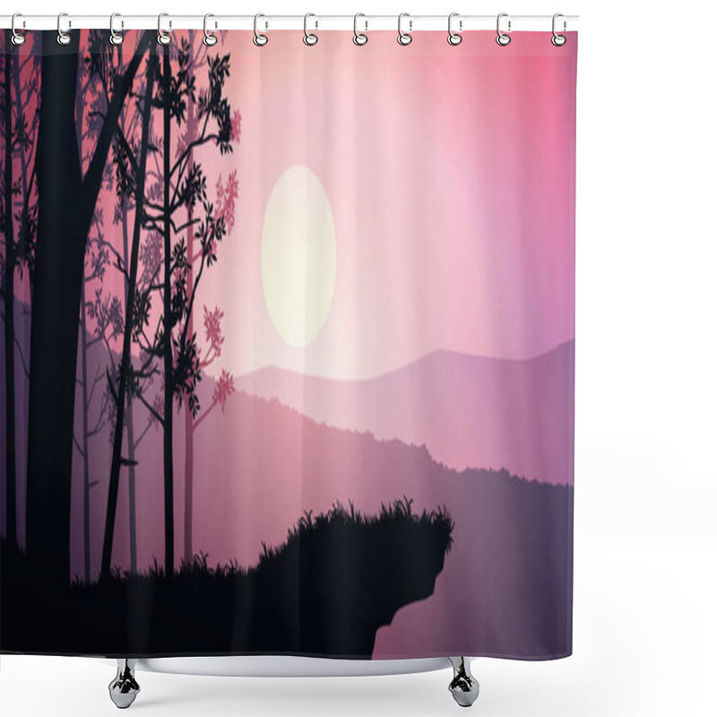 Personality  Natural Forest Mountains Horizon Hills Silhouettes Of Trees. Evening Sunrise And Sunset. Landscape Wallpaper. Illustration Vector Style. Colorful View Background. Shower Curtains