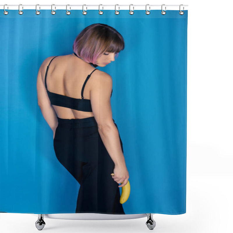 Personality  Rear View Of Stylish Girl Holding Banana And Looking Down On Blue Shower Curtains