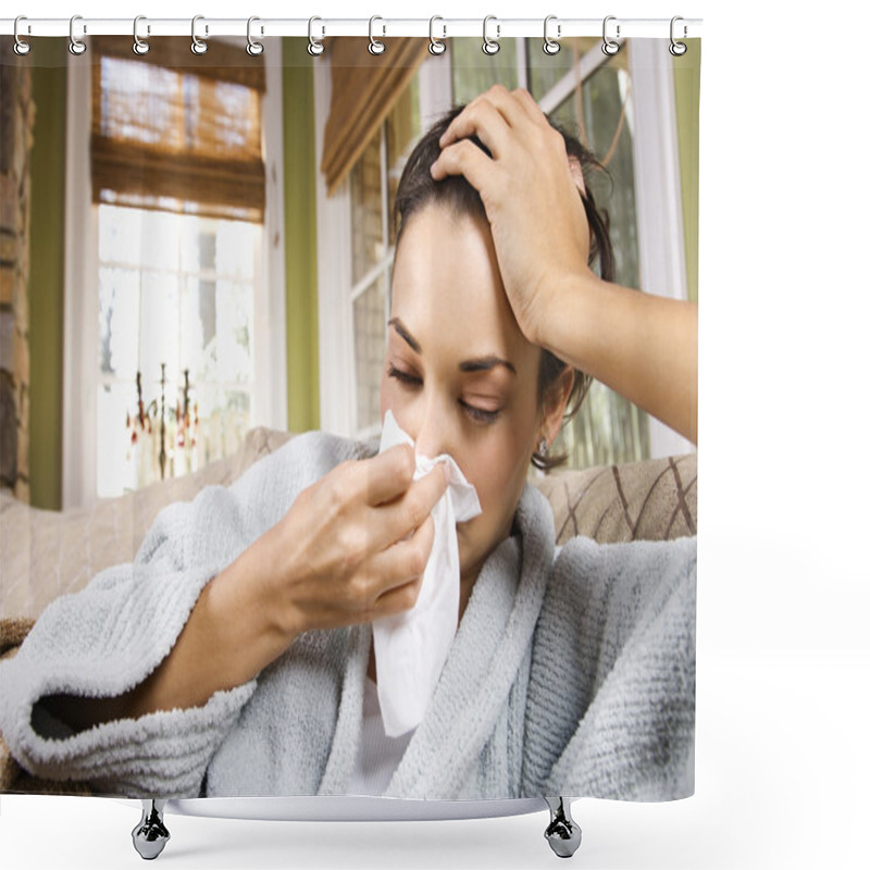 Personality  Ill Young Woman Blowing Nose Shower Curtains