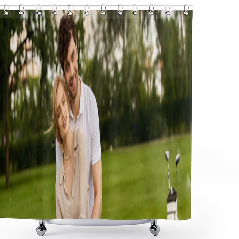 Personality  Stylish Couple Posing On Lush Park Lawn, Exuding Timeless Elegance And Old Money Charm. Shower Curtains