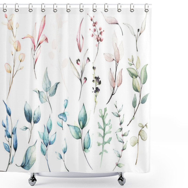 Personality  Watercolor Greenery Set Of Light Pink, Green, Turquoise, Blue Wild Leaves, Twigs And Branches. Spring Illustration. Shower Curtains