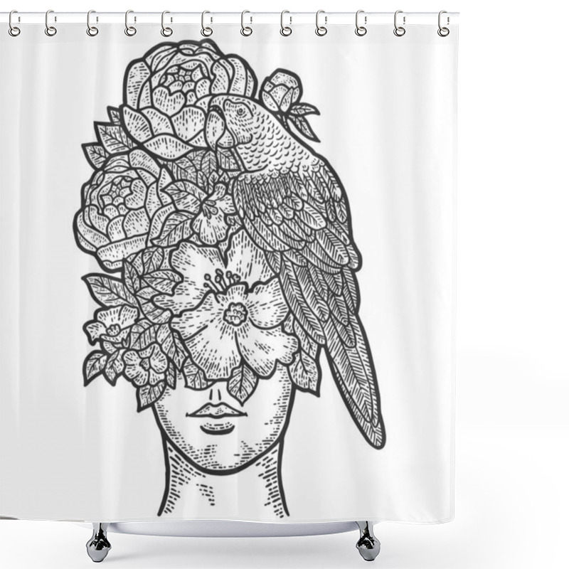 Personality  Girl Instead Of A Face Flowers And A Parrot. Sketch Scratch Board Imitation. Shower Curtains