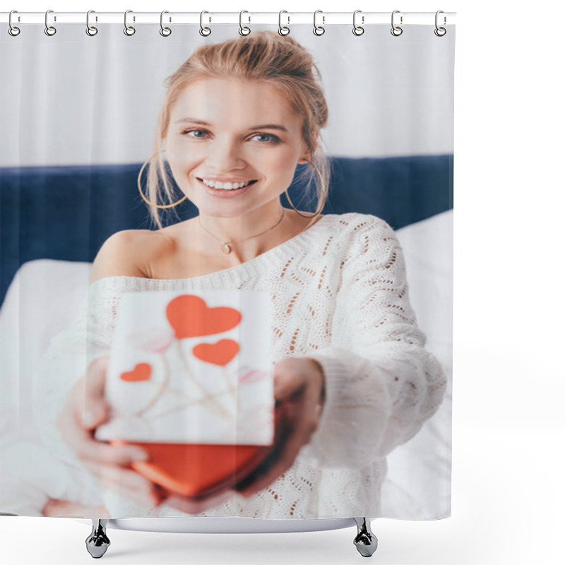 Personality  Selective Focus Of Happy Woman Holding Gift Box And Valentine Card On Bed  Shower Curtains