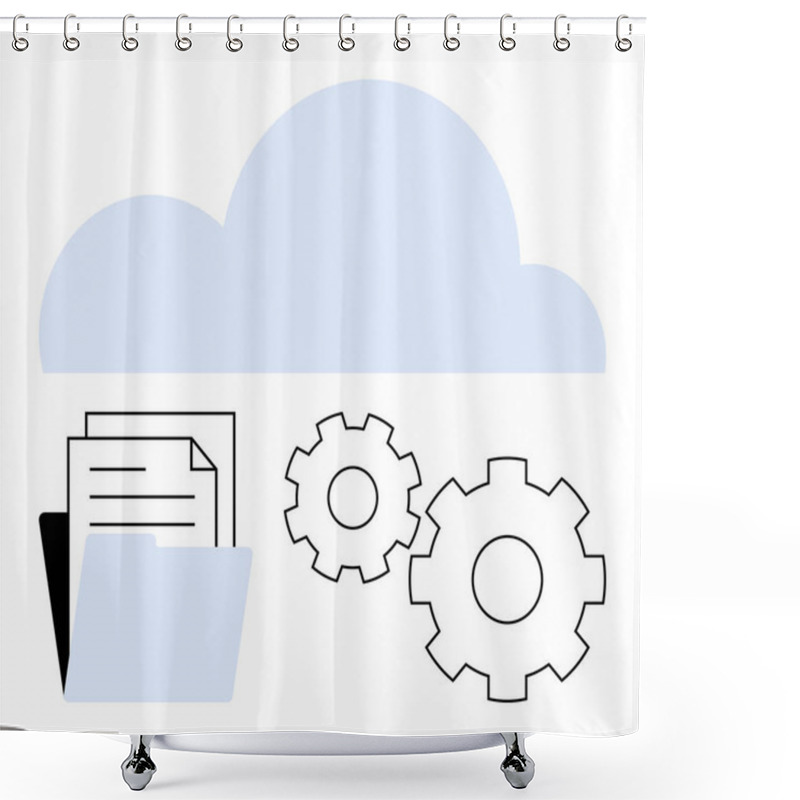 Personality  Cloud Above File Folder With Documents, Adjacent To Two Gears. Ideal For Cloud Storage, File Management, Data Synchronization, Automation, Technology, IT Services Workflow Optimization. Line Shower Curtains