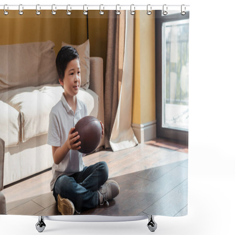 Personality  Cute Asian Boy With Rugby Ball Watching Sports Match At Home On Quarantine  Shower Curtains