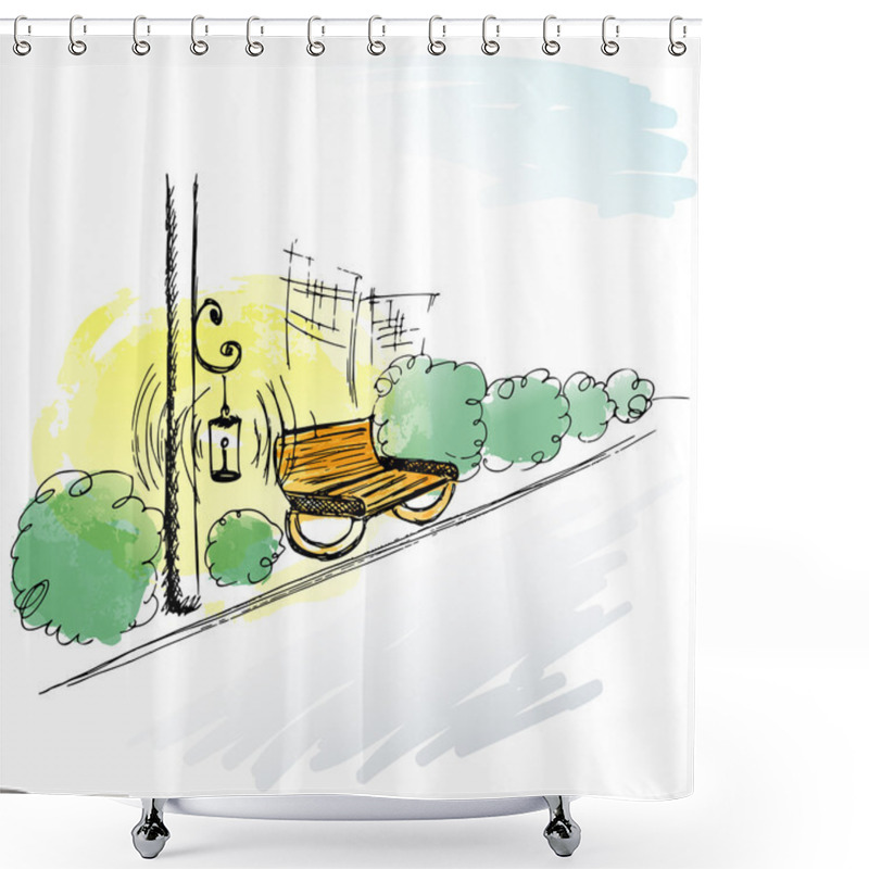 Personality  Hand-drawn Sketch. Park Alley, Bench, Lantern And Shrubs Shower Curtains