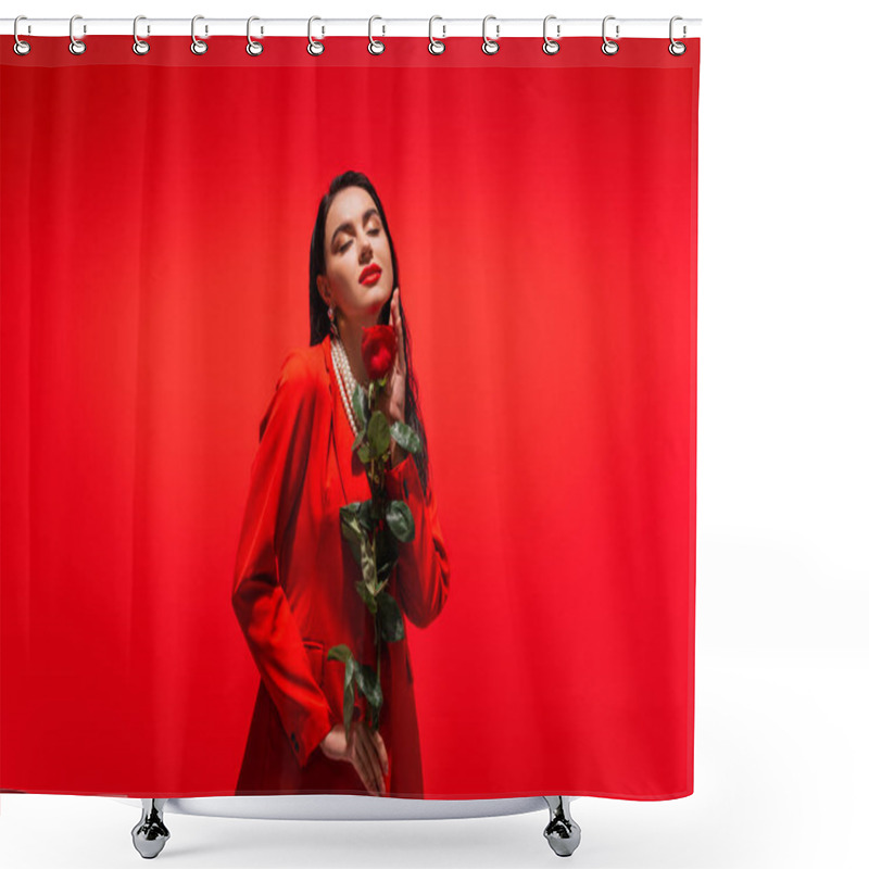 Personality  Pretty Brunette Woman In Jacket Holding Rose Isolated On Red  Shower Curtains