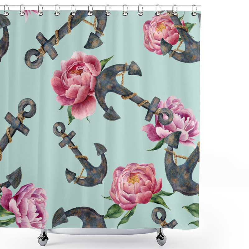 Personality  Watercolor Sea Seamless Pattern With Anchors And Peony Flowers. Isolated On Blue Background. For Design, Textile And Background. Shower Curtains