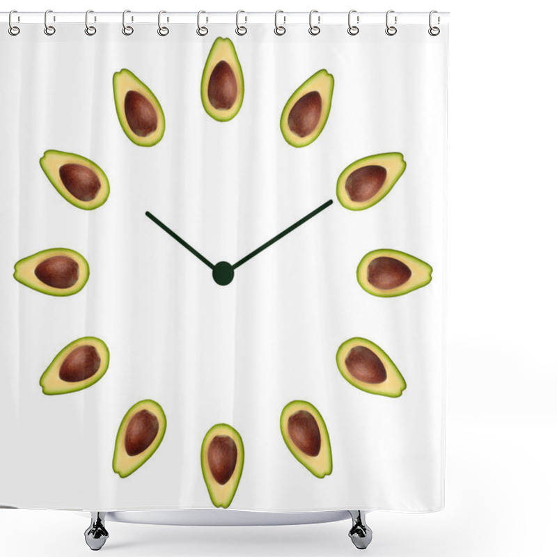 Personality  Half Ripe Green Avocado With Bone On The Clock Face With Arrows As Illustration Time Healthy Lifestyle, Emblem Proper Nutrition Vegetarian Diet Bio Brand Quility Restaurant. Copy Space Flatlay Shower Curtains